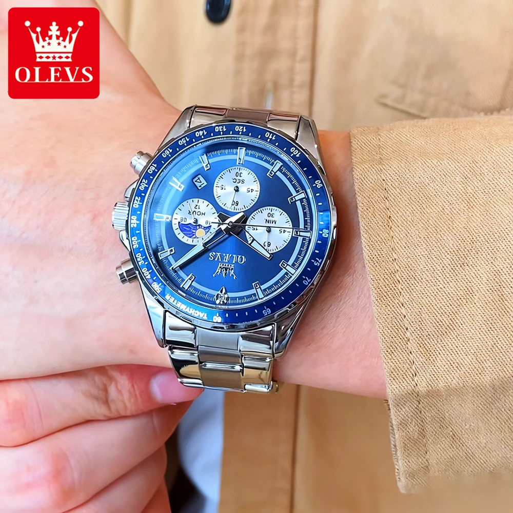 OLEVS أفضل العلامات التجارية ساعات رجالية رياضية موضة أصلية كوارتز ساعة اليد للرجل مقاوم للماء مضيئة مرحلة القمر كرونوغراف التاريخ