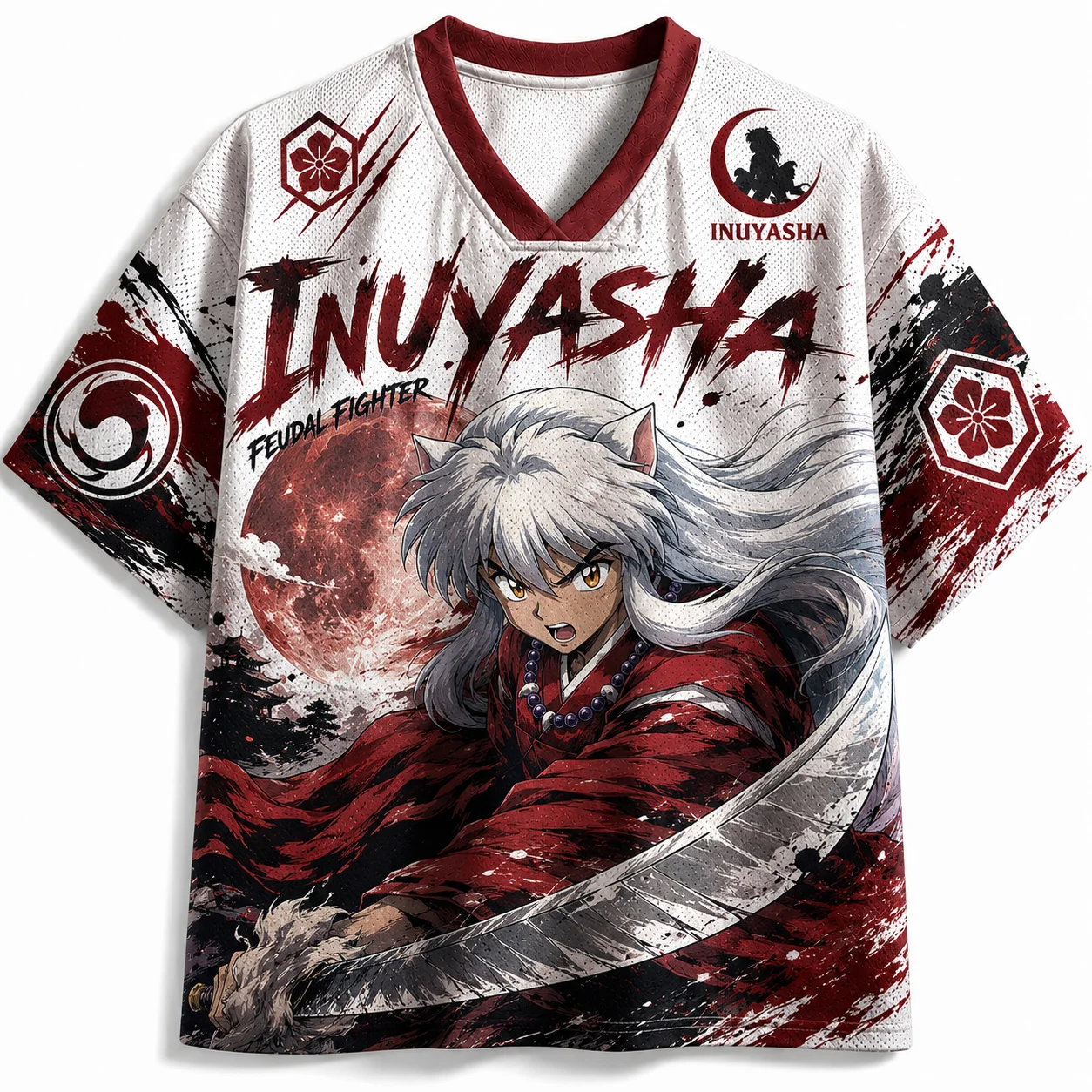 Maillot de football en mesh à col en V pour homme, imprimé intégral Inuyasha, style streetwear anime vintage Y2K, t-shirt de sport ample, respirant et à séchage rapide