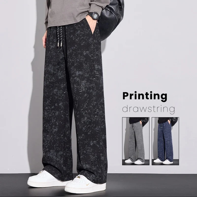 

Модные осенние мужские брюки с принтом, новые повседневные прямые спортивные штаны на шнурке, удобные свободные рваные мужские брюки