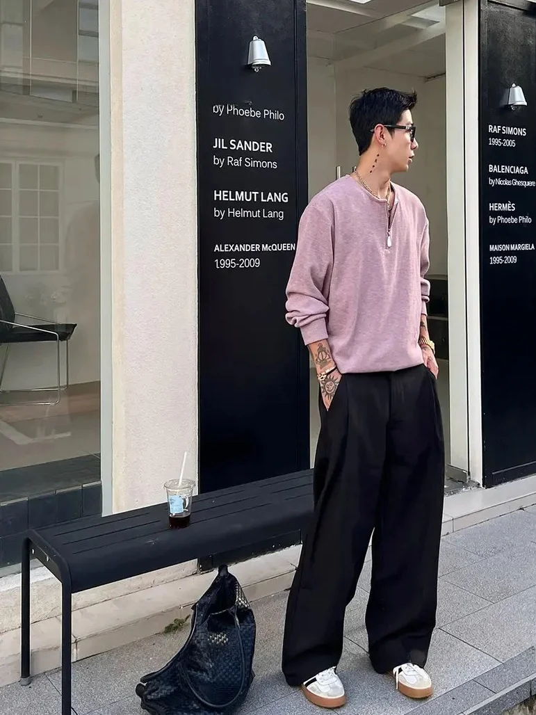 

Мужская свободная базовая футболка с V-образным вырезом и длинным рукавом на молнии, вельветовая, в стиле Old Money, осенняя новинка, корейская версия