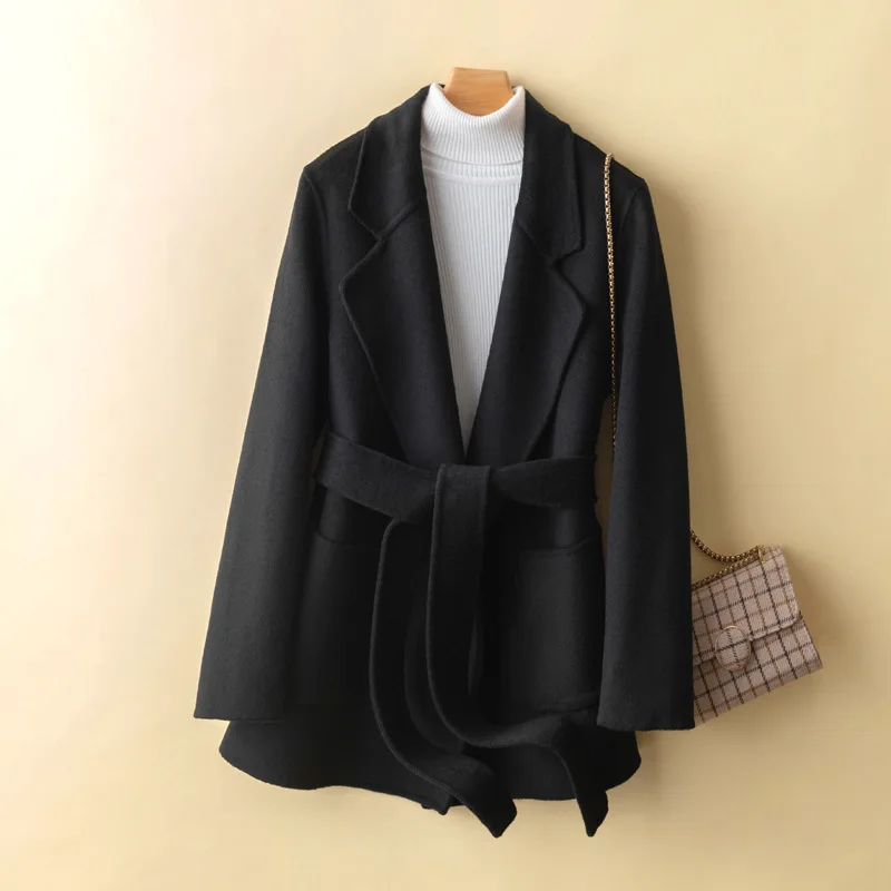 Women's Pure Wool Double-Sided Cashmere Coat, Short Slim Tweed Coat Korean Style Autumn and Winter