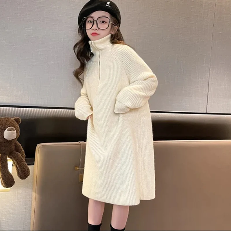 Girls' Autumn Winter High Neck Long Sleeve Solid Dress Knitted Fashion Cute Children's Clothing Sweet Kawaii Kids Casual Dresses