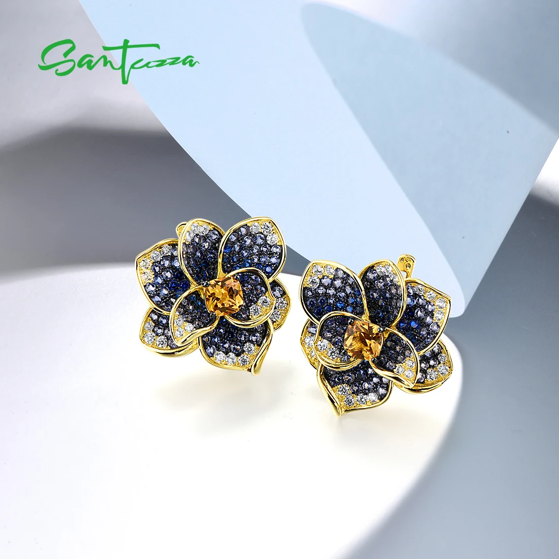 SANTUZZA Authentic 925 Sterling Silver Earrings For Women Blue Spinel Yellow Crystal Blooming Flower Elegant Party Fine Jewelry