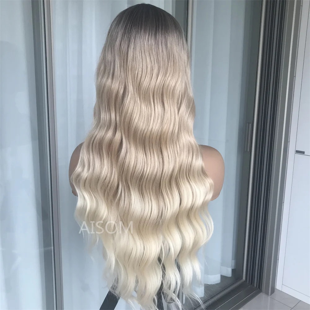13x4 Lace Front Wig Deep Wave Synthetic Lace Wigs for Women Ombre Blonde Gray Long Wavy Heat Resistant Fiber Wigs Daily Use
