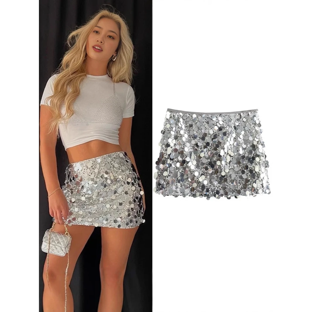Falda Sexy en Línea A, Cintura Alta, Lentejuelas Brillantes, Corta, Moda Femenina Primavera 2026, Tela de Poliéster, Largo de Pantalón Corto