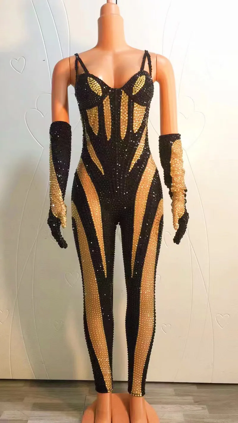 Women Sexy Black White Rhinestones Outfit Jumpsuit With Gloves Transparent Birthday Dance Stage Evening Celebrate Club Bodysuit image 3