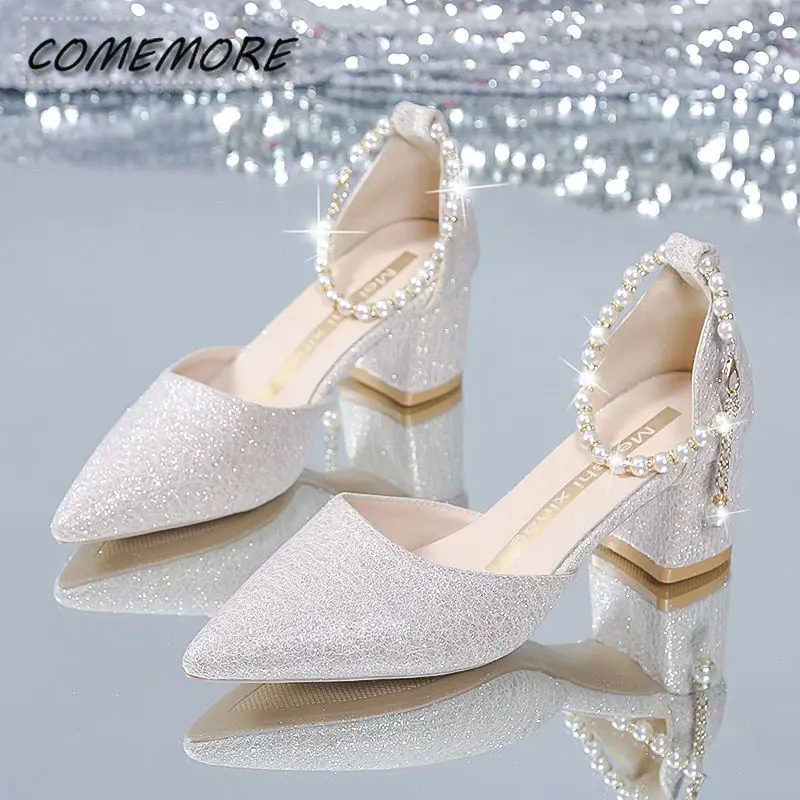 Elegant Ladies Pointed Toe Pearl Wedding Shoes Bride String Bead Ankle Strap Pumps Comfortable Thick High Heels for Women\'s 2024