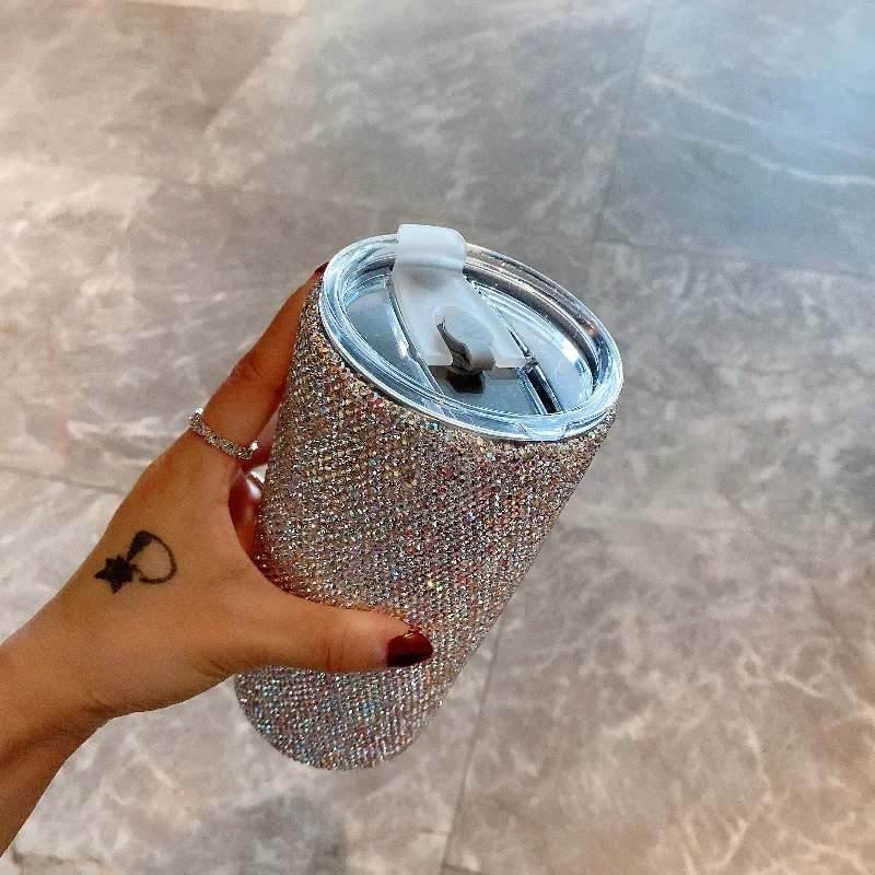 Sparkling Diamond Tumbler Coffee Cup Mug with Lid Shiny Rheinstone Double Wall Stainless Steel Water Cup Vacuum Thermos Bottle