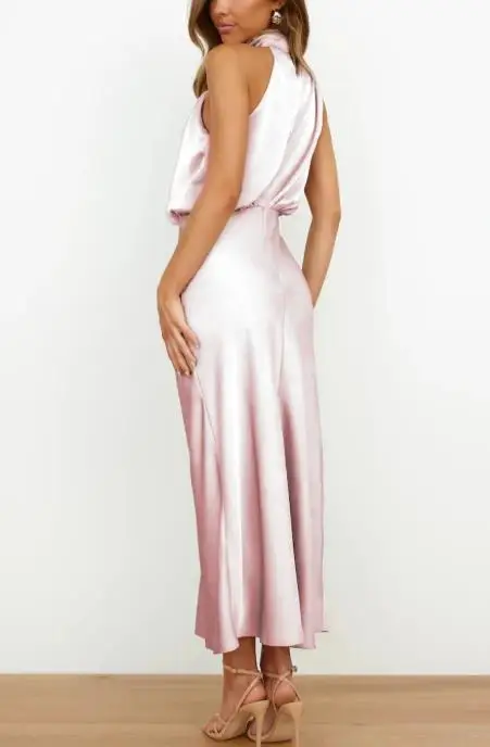 فستان لربيع وصيف بلون سادة من الساتان بدون أكمام، فستان سهرة خفيف أنيق ومزاج