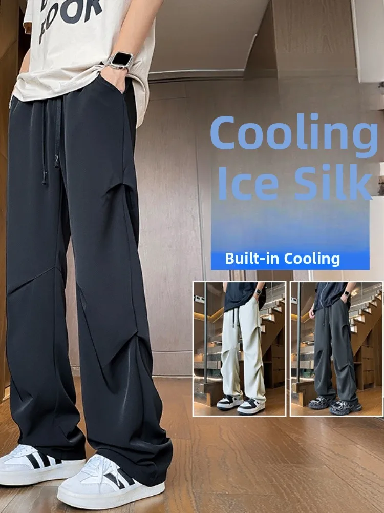 

Folded Design Qui Dry Paratrooper Pants Men Summer Thin Ice Silk Wide Leg Straight Loose High Street Trousers Faionable C...
