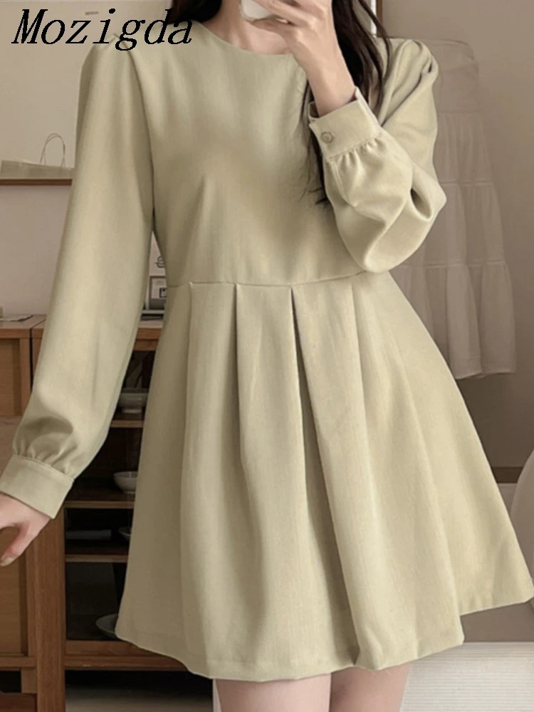 

Pleated Women Vintage Dress Spring Autumn Streetwear Casual Long Sleeve O-Neck Korean Ladies Dresses Robe Femme Vestidos