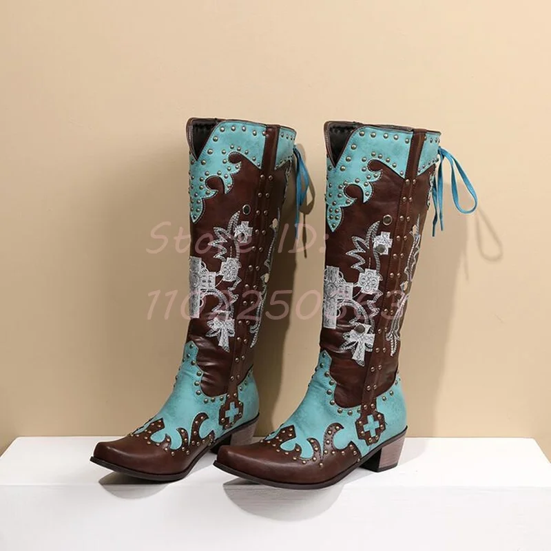 

Retro Embroidery Western Cowboy Boots Women's Square Toe Thick Heel Brown mid-calf Boots Trendy French Style Modern Shoes 2024