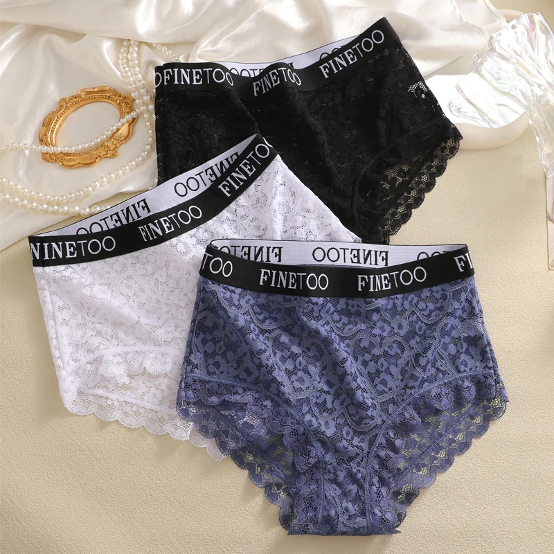 FINETOO Sexy Lace Briefs Embroidered Letter Belt Panties Women Plus Size Perspective Underwear Ladies Breathable Lingerie S-3XL