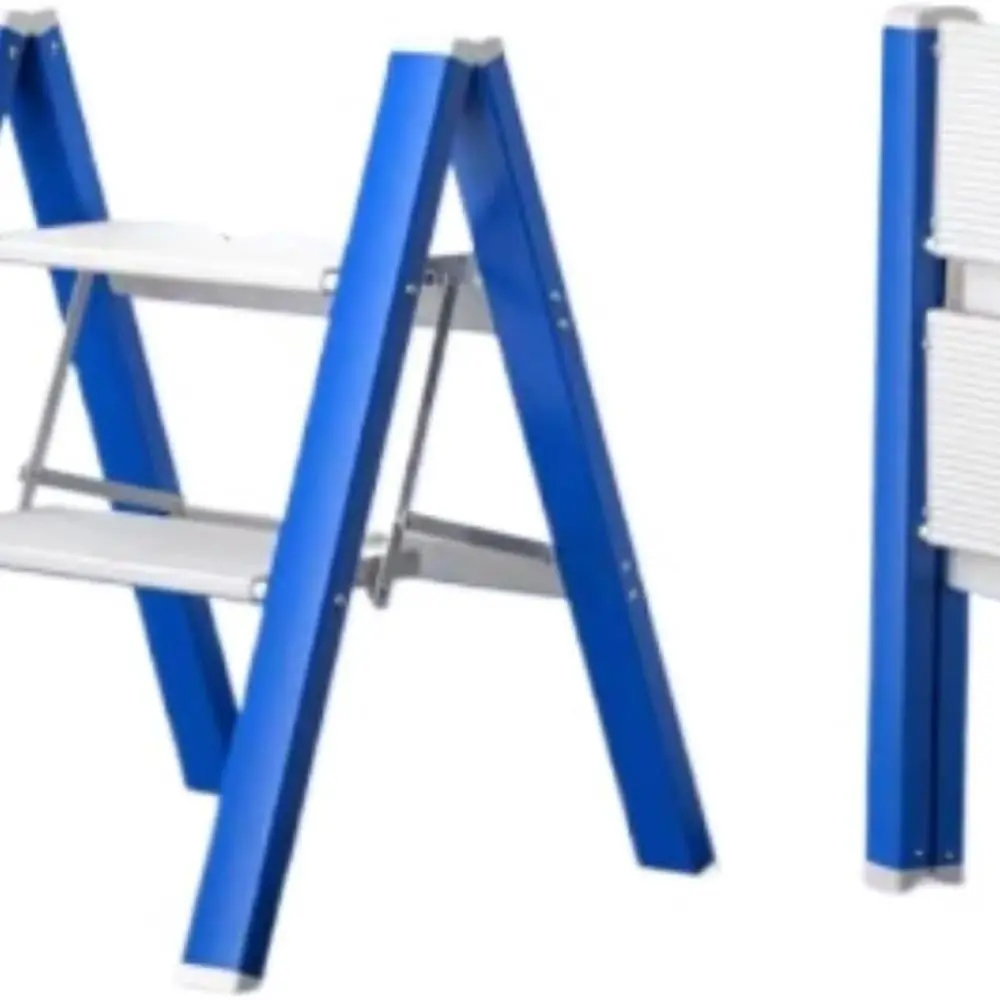 Taburete con escalera plegable compacto azul de 2 escalones con peldaños antideslizantes para uso en cocina y oficina