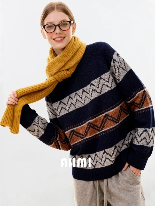 

AHMI Healing Soft Knitted Sweater Women's Loose Casual Autumn Winter Color Blo Retro Sle Comfortable Warm Top