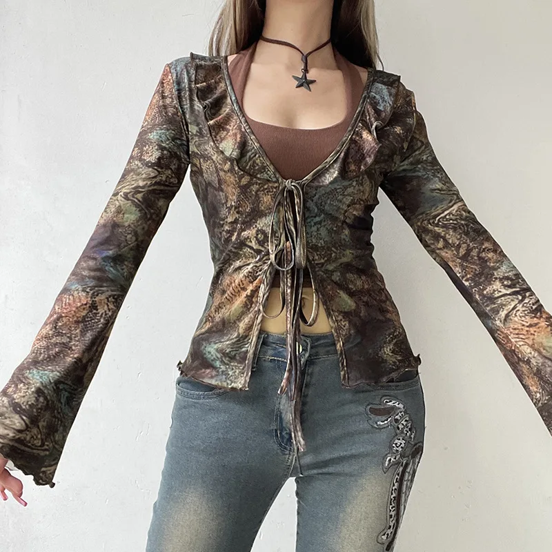 Xingqing y2k Fairy Grunge Top Women Clothing Floral Print Ruffle Trim Tie Front Flared Long Sleeve Blouse Shirt 2000s Streetwear