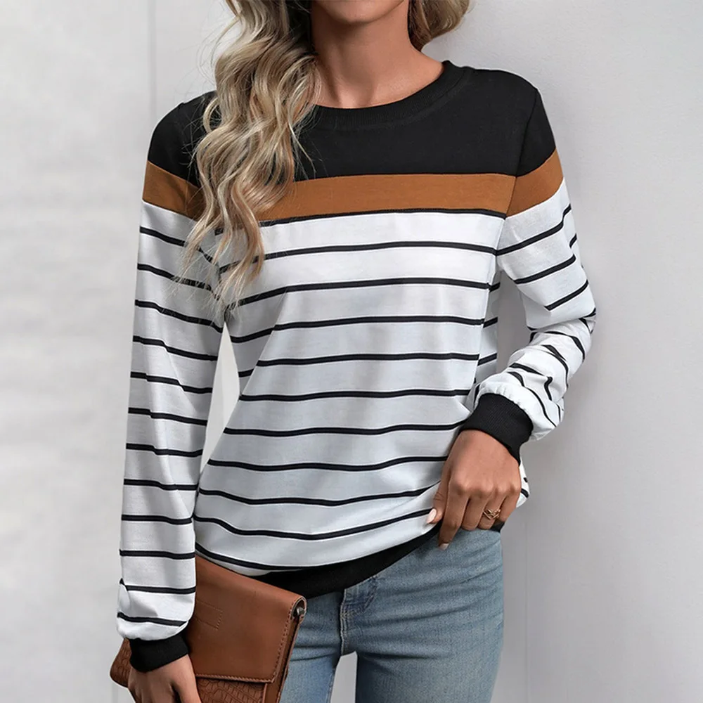 Women's Striped Print Long Sleeve Round Neck Tee Top Color Block Soft Knit T-Shirt Relaxed Pullover Daily Strips Tees Y2K 2024