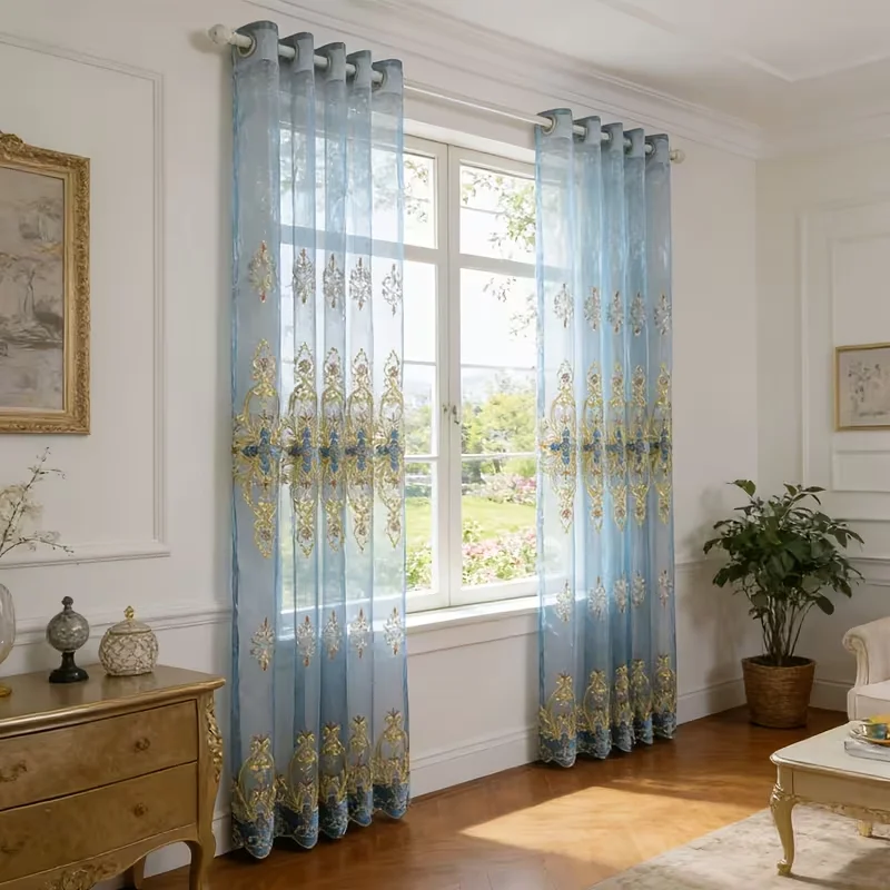 1pc Blue Gold Embroidered Sheer Curtain Panel, Grommet Top European Luxury Tulle Window Drape for Bedroom Living Room Decor