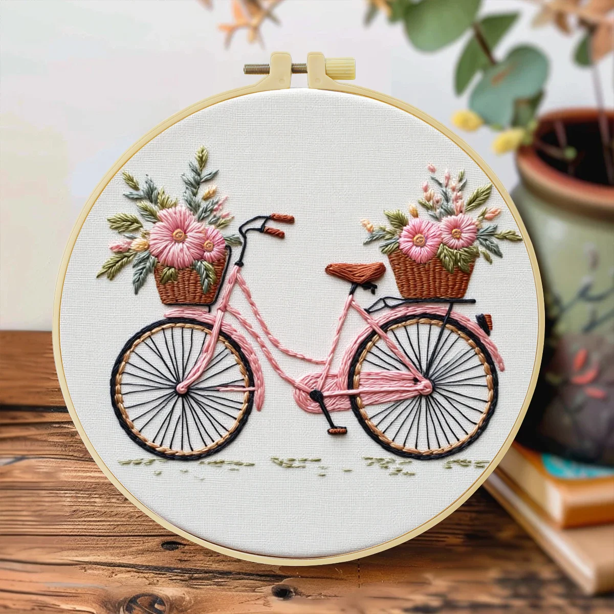 1pc 20X20CM/7.87inch Flowers on the Bicycle Embroidery Starter Kit DIY Kit Sewing Art Home Decor Set for Beginner