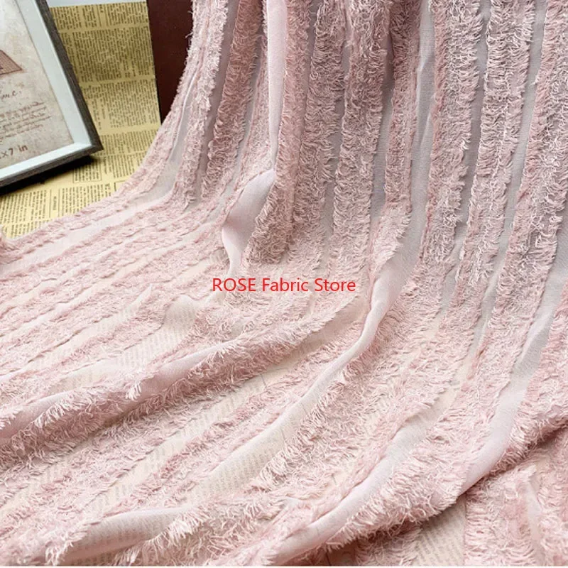 Retro striped tassel jacquard chiffon for Blouse, Spring Dress, Vacation Party dress, Dance Dress