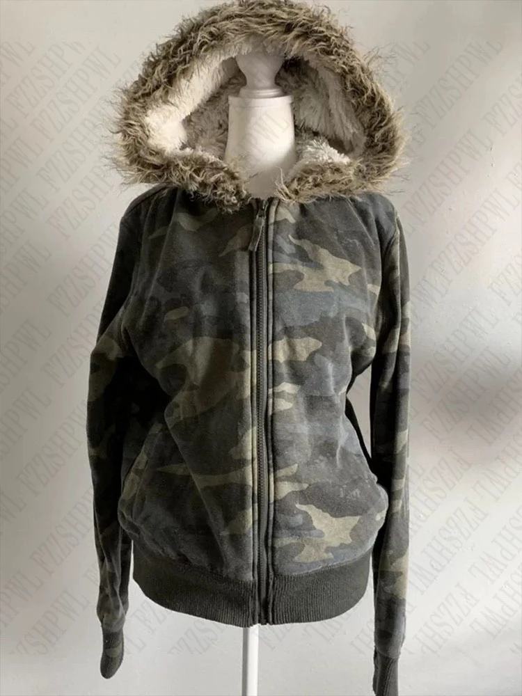 Camouflage pattern plush lining Hoodie rock aesthetic 90S top fashion high street retro grunge punk hip hops silm women's Hoodie