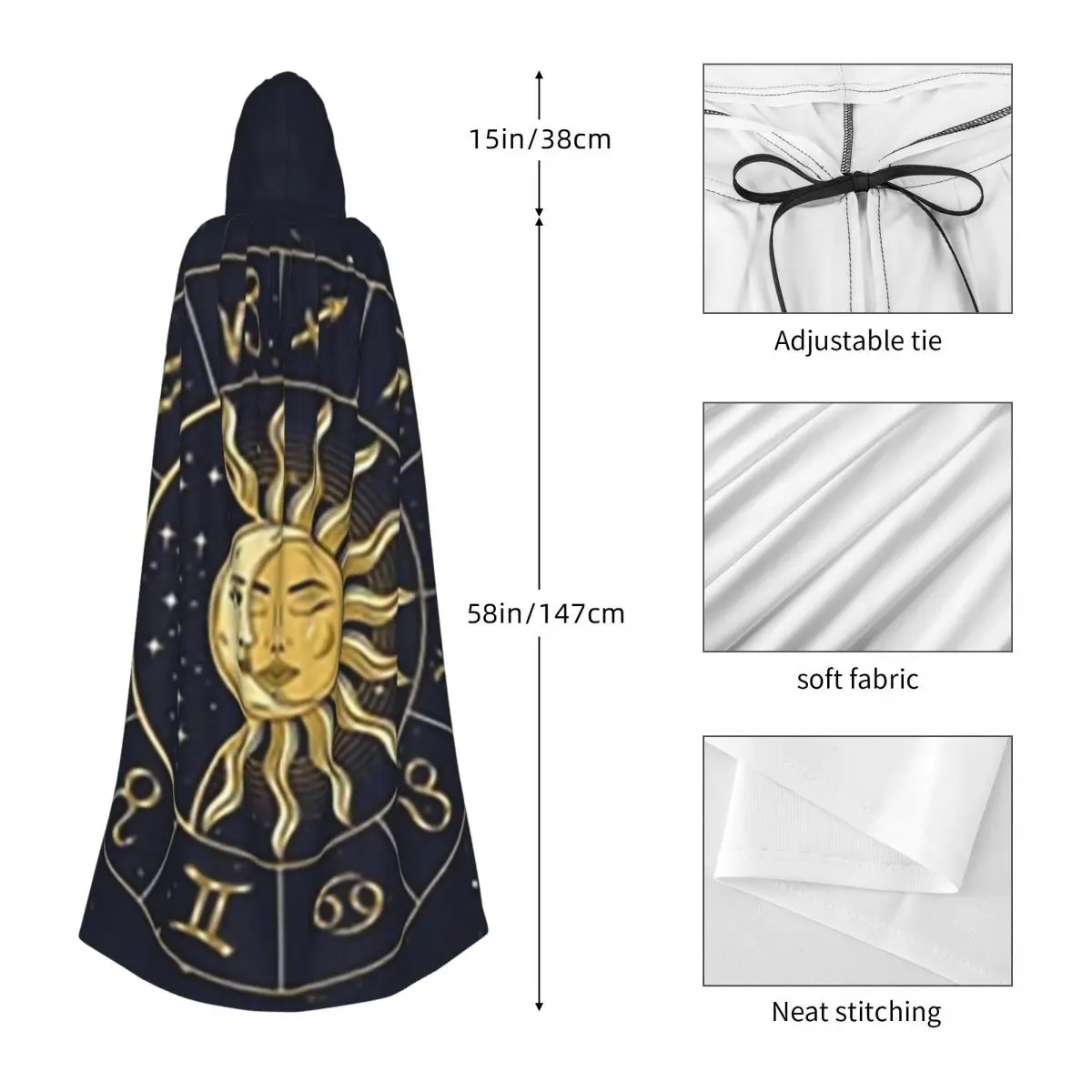 เสื้อคลุมยาวมีฮู้ดลายวงล้อโหราศาสตร์พร้อมสัญลักษณ์จักรราศี ชุดแม่มดยุคกลาง คอสเพลย์ เสื้อคลุมฮาโลวีน สำหรับผู้ใหญ่ ทุกเพศ