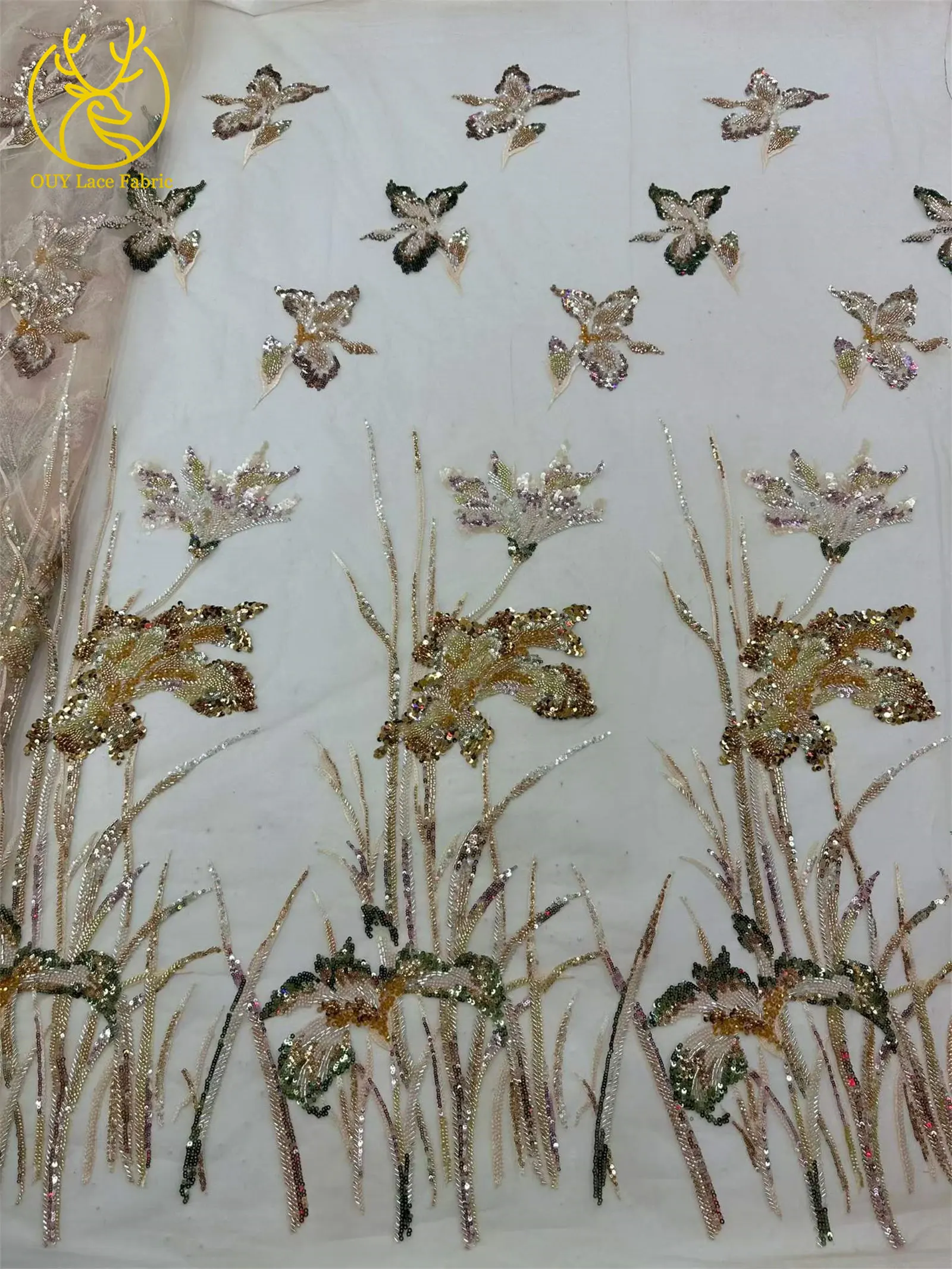 Modischer Afrikanischer Perlen-Pailletten-Spitzenstoff 2026 Hochwertiger Französischer Tüll Nigerianisches Damen-Abendkleid Nähzubehör 5 Yards – Detail 7