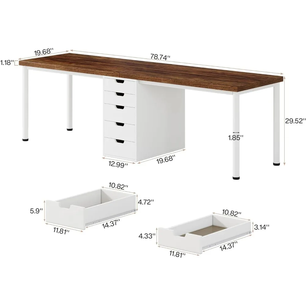 Premium Two Person Computer Desk with 5 Drawers, 78.7 Inches Extra Long Double Office Desk, Modern Simple Double Computer Des