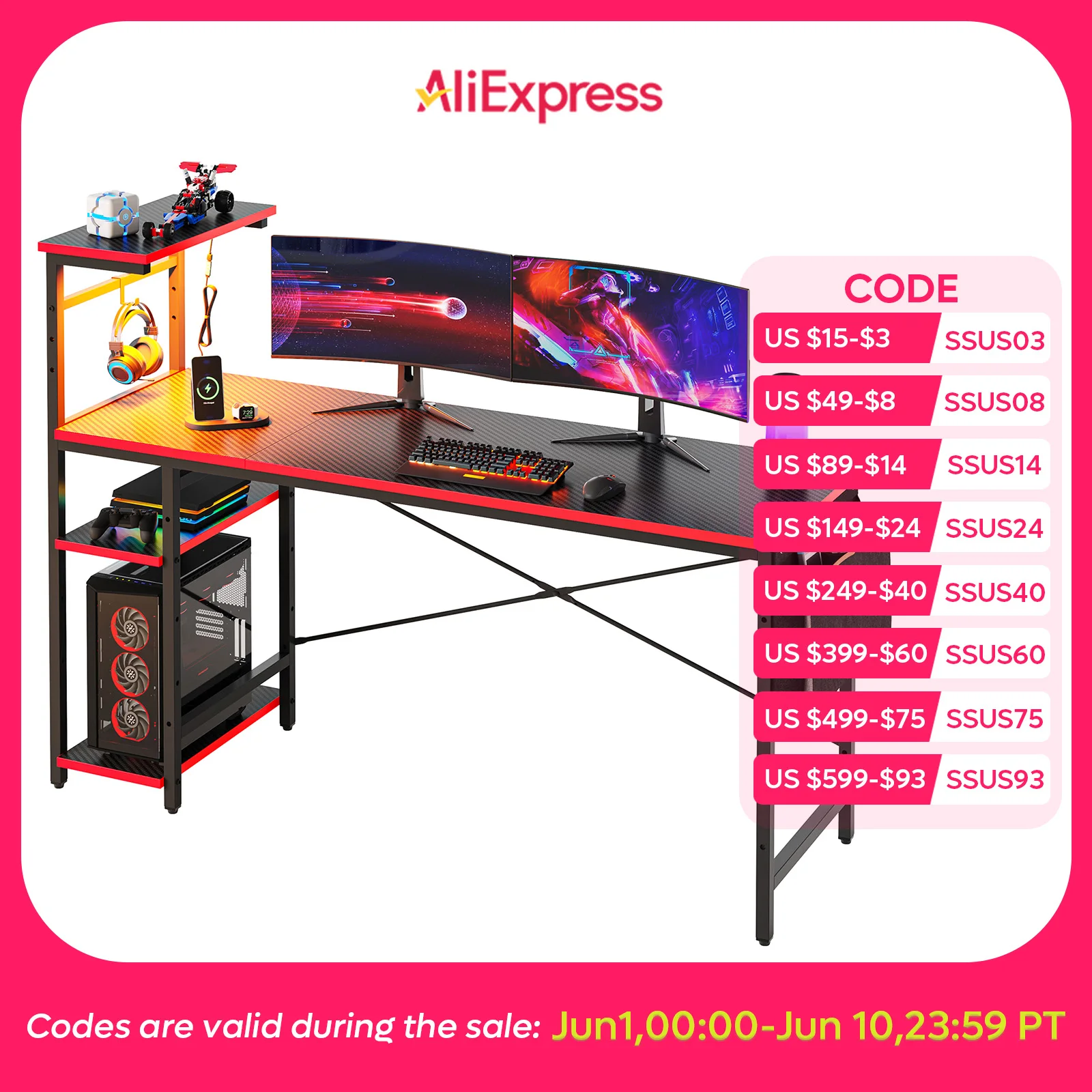 

NOST&HOST 61 Inch Gaming Desk with LED Lights, Reversible Shelves, Height Adjustable Shelf, CARB P2 Class Board, Black 3D Carbon Fiber