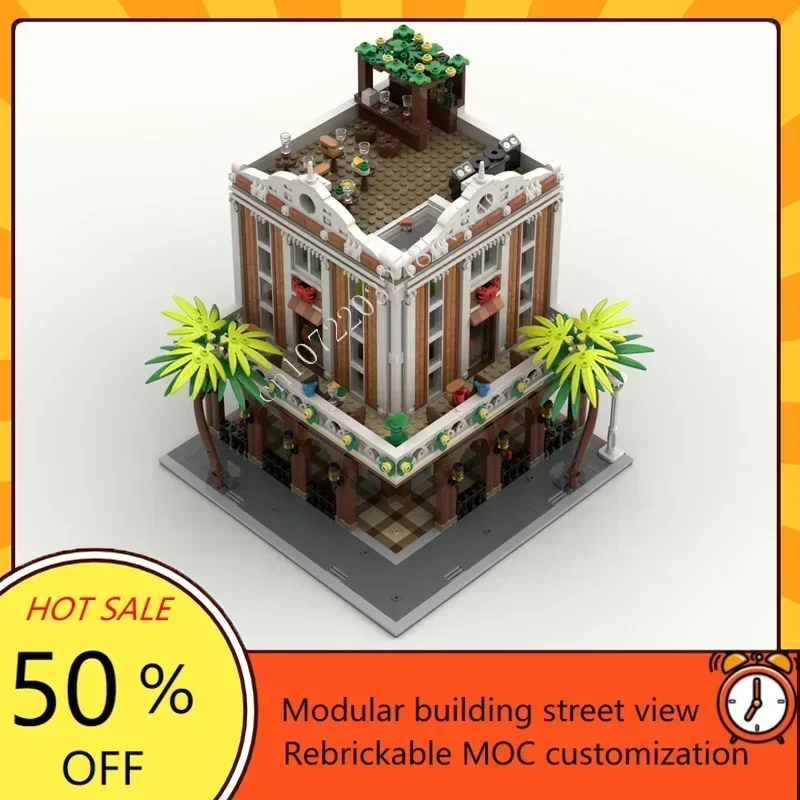Custom 2120PCS Red Crab Resto Bar Modular MOC Street View Model Creative Architecture DIY Educational Building Puzzle Toy Gift