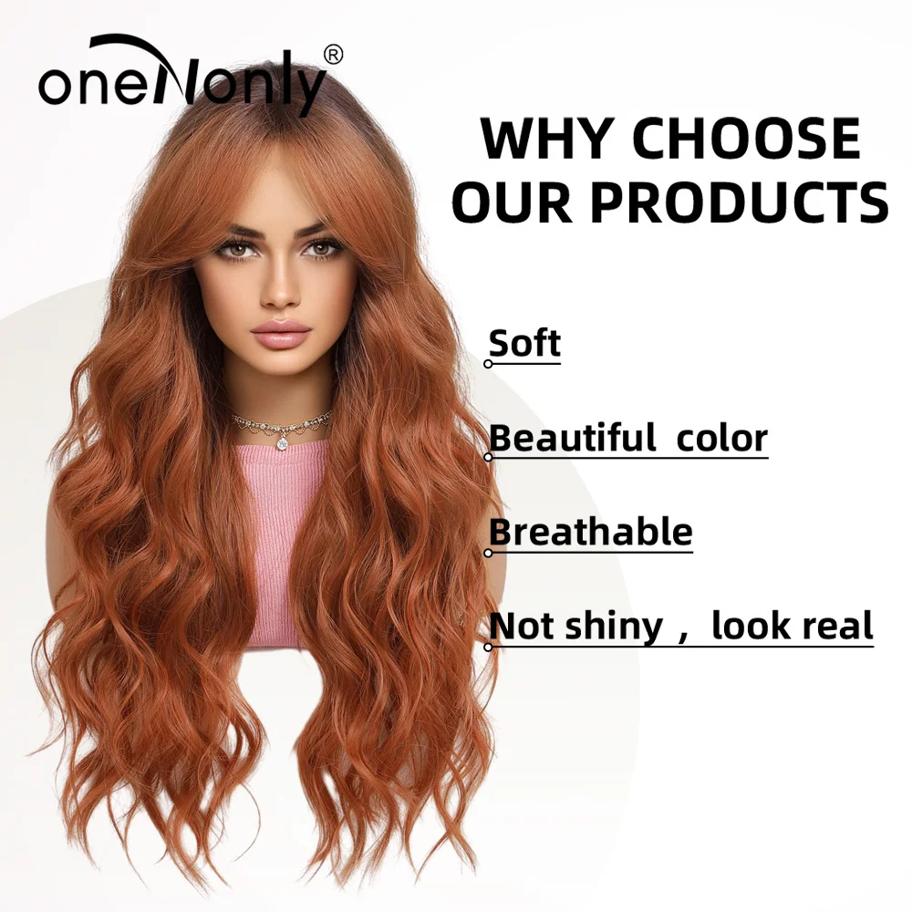 oneNonly Long Ginger Orange Wig Bangs Wavy Party Wigs Plush Daily Natural Hair Woman Wigs High Quality Synthetic Wig