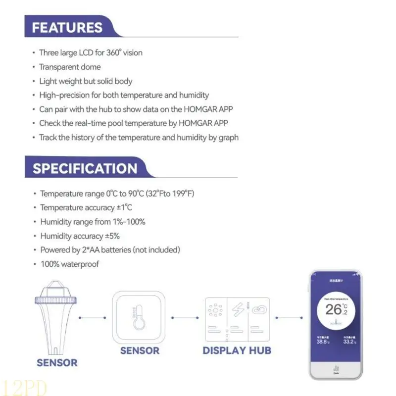 

12PD 360 Degree Visible Pool Temperature Gauge Clear Cover Suitable for Real Time APP Data Analysis in Spas Baths Aquariums