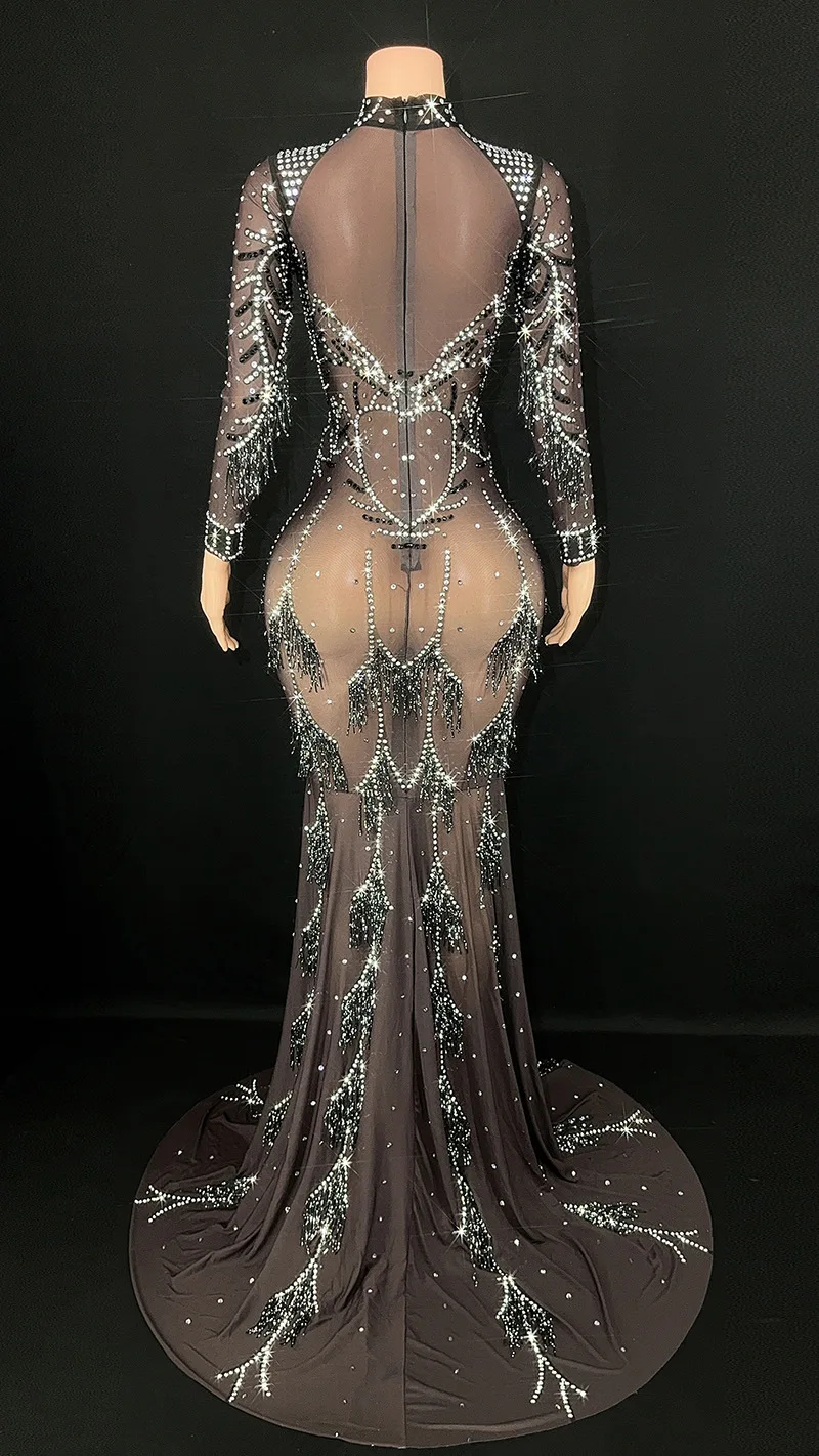 Vestido ajustado de lentejuelas de alta elasticidad transparente de encaje de malla con borlas personalizadas, vestido Sexy para fiesta de cumpleaños, Longuette de rendimiento, nuevo