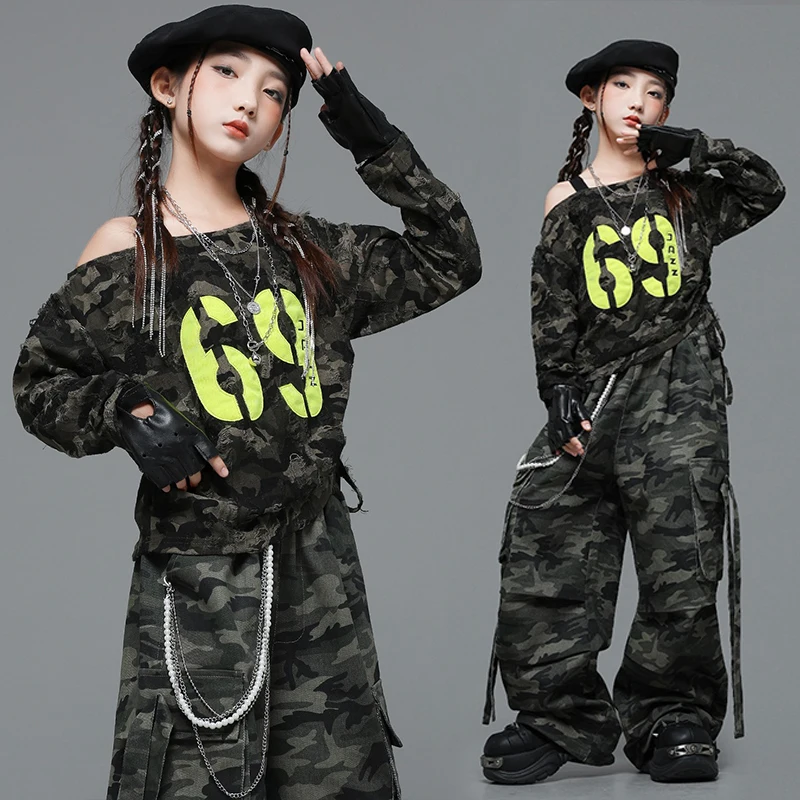 

Child Hop Hop Dance Costume Girls Jazz Outfit Camouflage Performance Outfit Shuffle Pants Urban Dance Clothes Streetwear VDL4413