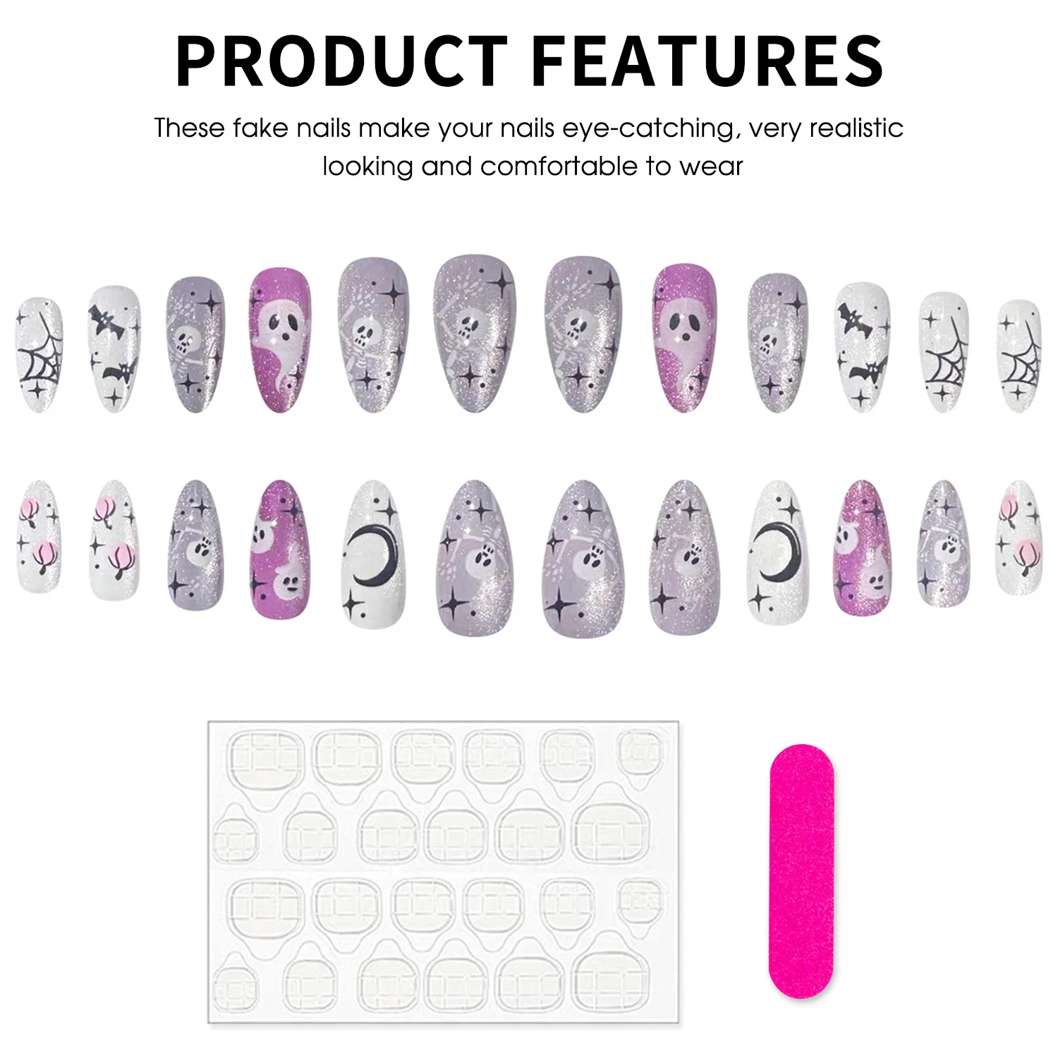 24個の偽の爪のセット,オーロラ,キャッツアイ,キラキラ,パープル,ホラー,ゴースト,スパイダー,ウェブ,バット,プレス