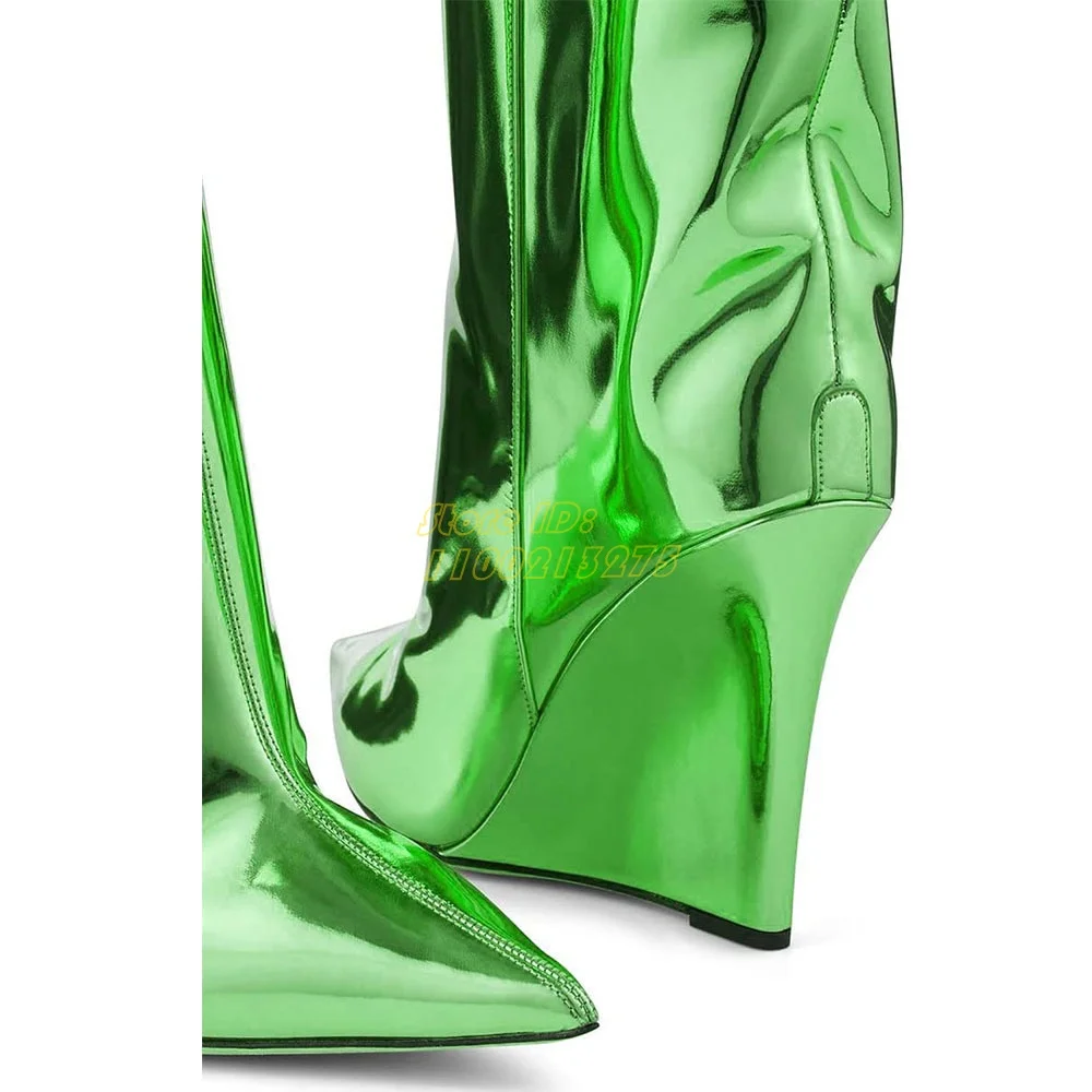 Metallick Leather Green Knee High Boots Pointed Toe Wedges Slip On Fashion 2024 Autumn Winter Women Dress Boots Handmade Shoes