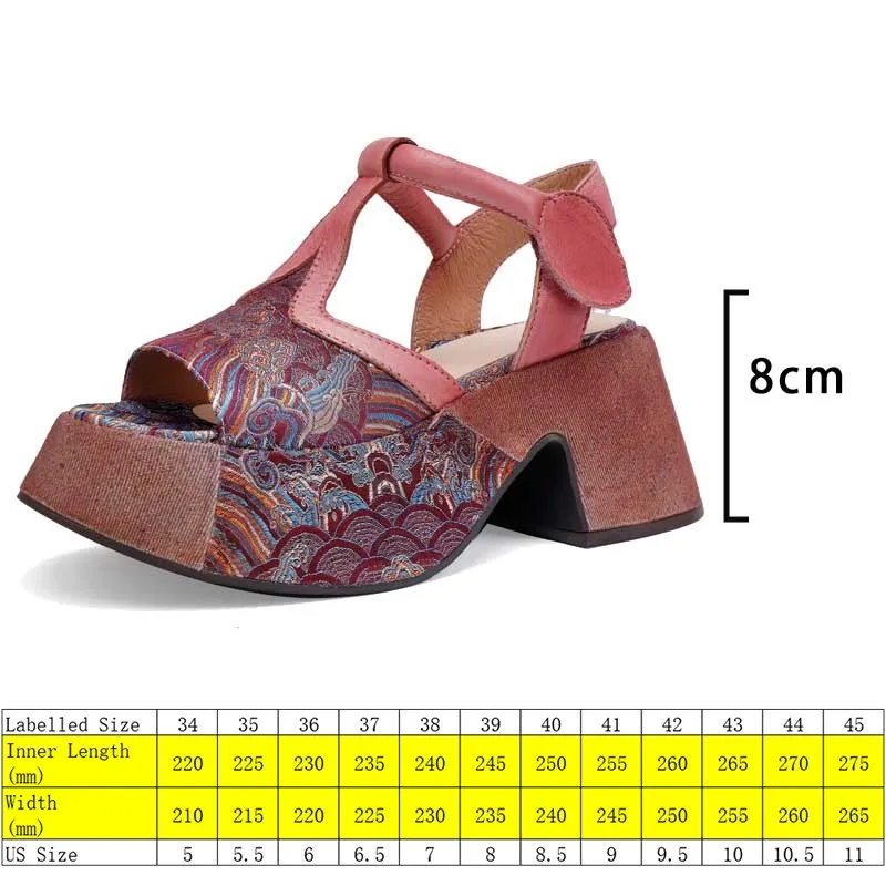 Koznoy 8cm Women Peep Toe Cow Genuine Leather High Heels Moccasins Embroider Mary Jane Sandals ROME Platform Wedge Summer Shoes