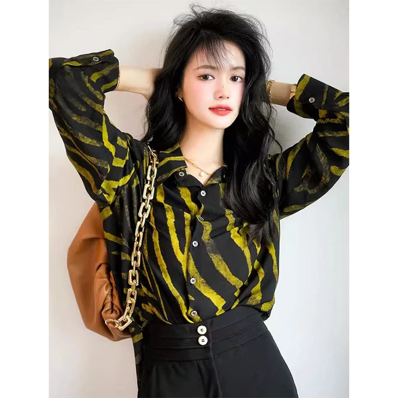 Women Korean Fashion Loose Striped Satin Polo-Neck Long Sleeve Shirts Women Clothes All-match Appear Thin Office Lady Tops