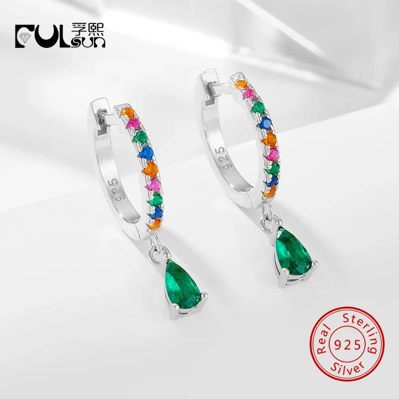 925 Sterling Silver Gold Plated Mini Huggie Hoops Rainbow Paved CZ Teardrop Emerald Green Zircon Drop Women Colorful Jewelry
