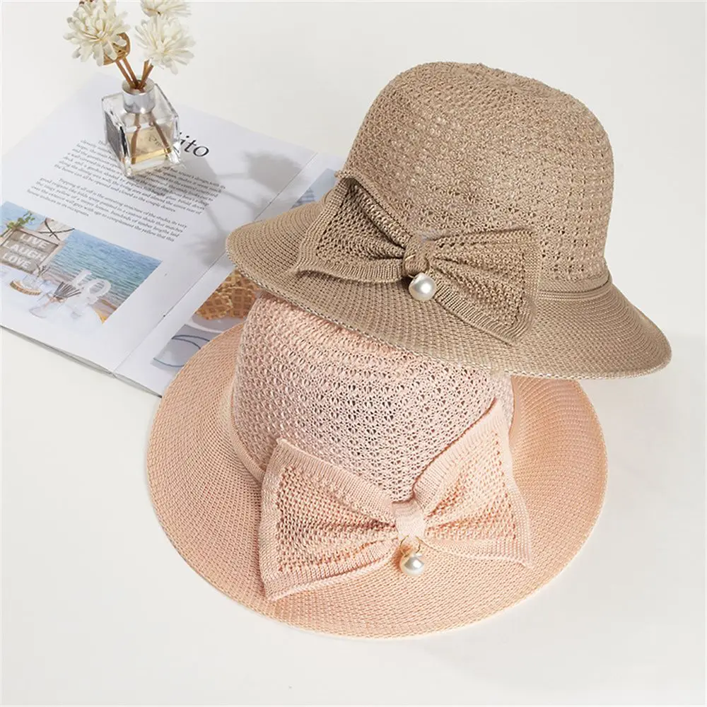 

Summer Shade Breathable Sun Hat Women Beach Sunscreen Cap Foldable Bow Brim Cap Straw Hat Outdoor Travel Lady Girls Bucket Cap