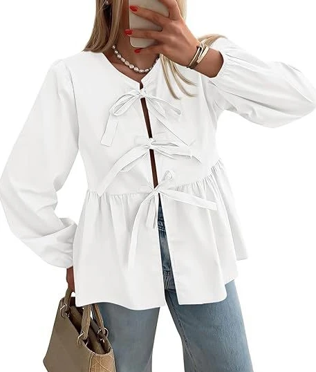 

Women's Blouse Fashion Commuting Sweet Solid Color Round Neck Front Tie Details Lantern Long Sleeve Ruffles Design Blouse Top