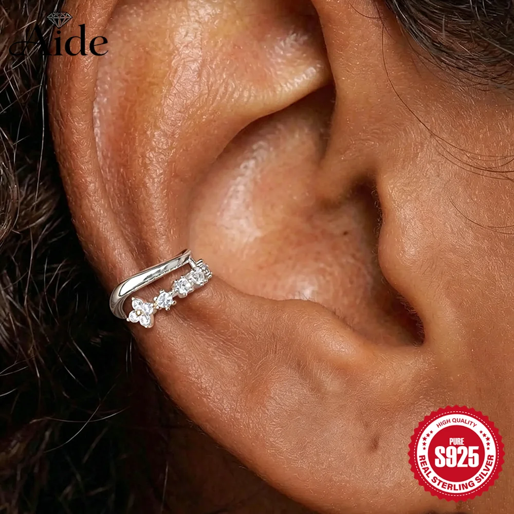 AIDE 925 Sterling Silver Horse eyes/Eight Pointed Star/Flower Zircon Double Layer Ear Clip for Women INS Minimalist Fine Jewelry