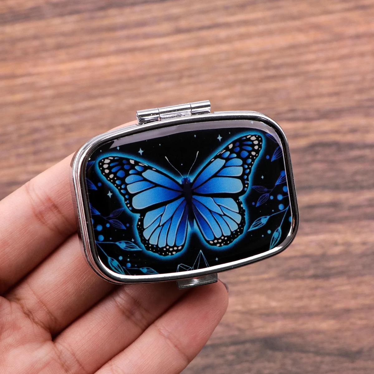 Stained Glass Butterfly Pill Box Portable Metal Pill Case with Mirror Starry Sky Design for Travel Purse Medicine Storage Gifts view 5