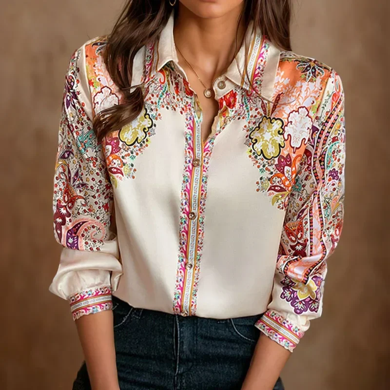 New Long Sleeve Silk Shirts Women Elegant Satin Blouse Fashion Floral Print Clothes Woman Button Up Ladies Tops Blusas 18440