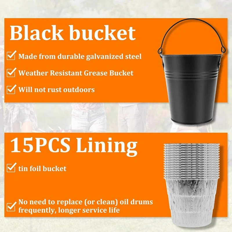 Grill Bucket For Grease Traeger Grease Bucket With 15 Tin Liners Rust-Proof Iron Alloy Drip Grease Can Tin Liners