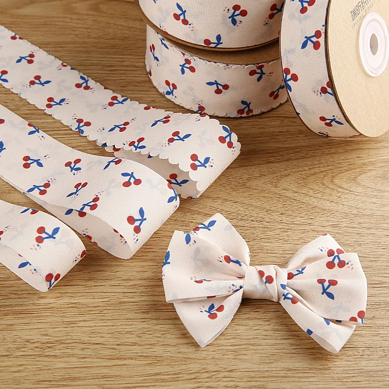 1m Cherry Double-Sided Printed Ribbon DIY Bow Hair Accessories Clothing Decorative Tooth Edge Polyester Cotton Edge