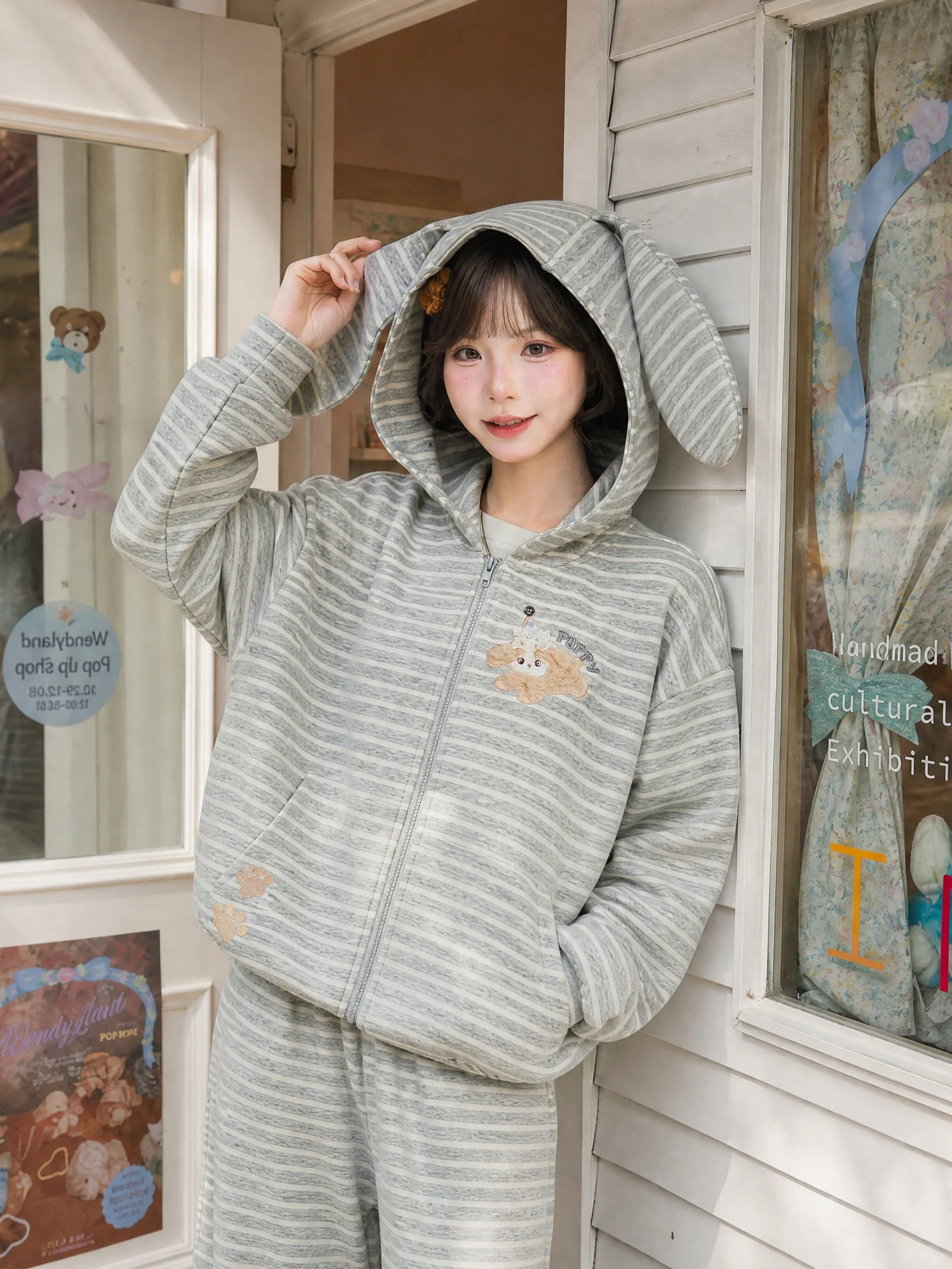 Sweet Girl Style Striped Jacket Women's New Dog Embroidery Design Rabbit Ear Hood Loose Top Autumn Season Polyester Fiber