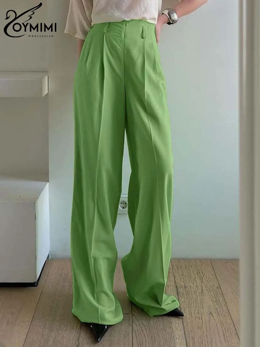 

Oymimi Elegant Green Zipper Women's Pants Fashion High Waisted Straight Trousers Autumn Casual Simple Full Length Pants Female