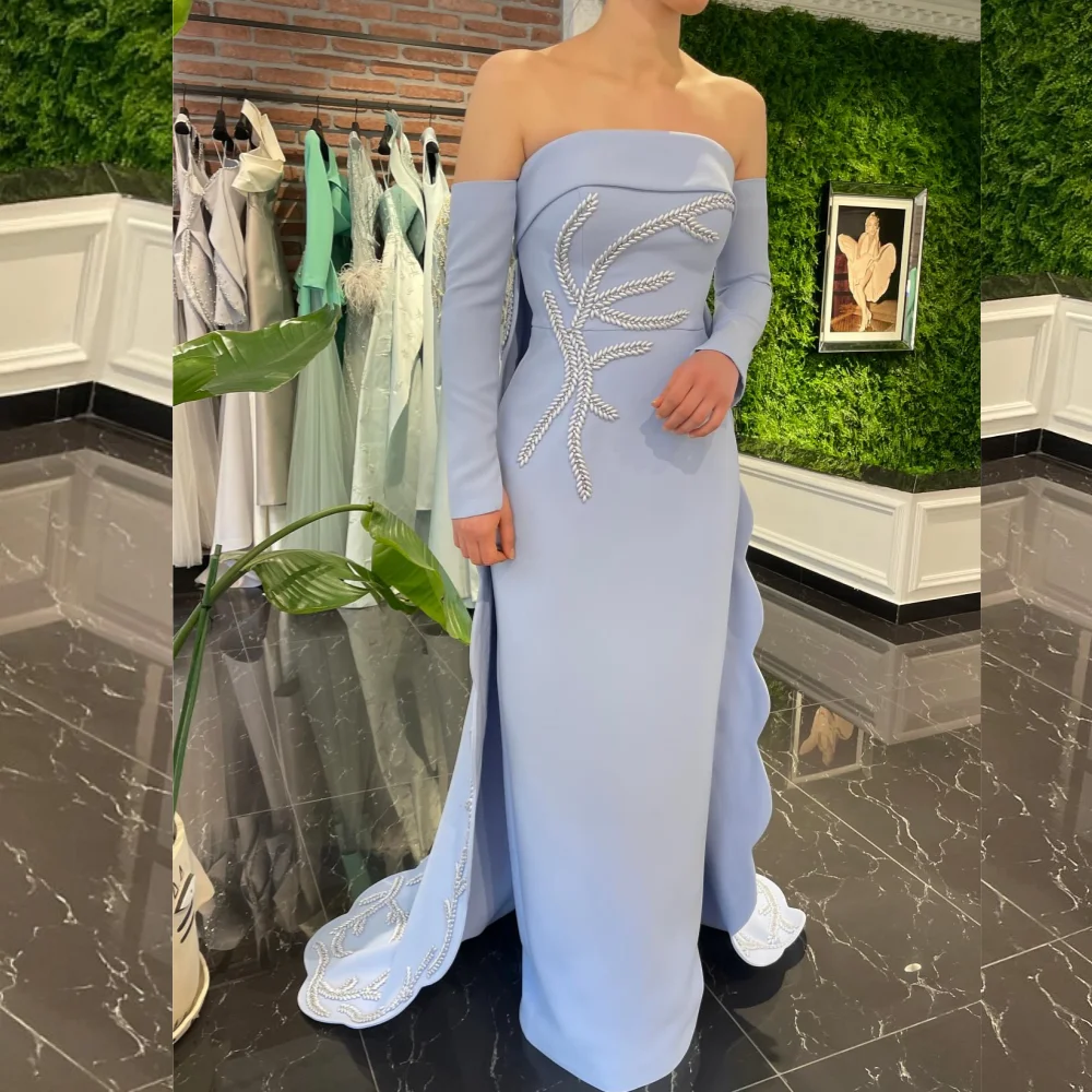 

Customized Elegant Casual Classic Jersey Applique Pleat Ruched Straight Off-the-shoulder Strapless Long Dresses Prom Dresses Fas