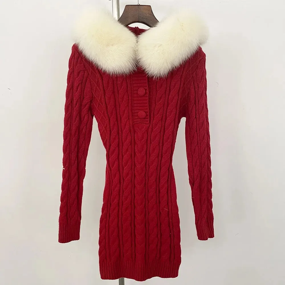 

Hooded Big Fur Fashion Real Fur Sweater Women Slim Fur Patchwork Autumn Winter Elegant Knitted Dress Female Knitwear Hoodie Tops